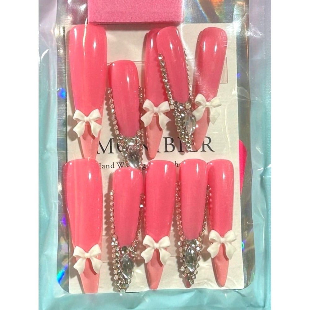 Coquette Pink XL Long Press On Nails Rhinestone Bow 3D Glam Feminine